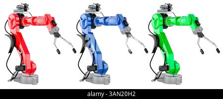 Farbige Roboterarme, 3D-Rendering isoliert auf transparentem Hintergrund Stockfoto