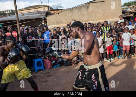 Boxen in Katanga Slum, Kampala, Uganda, Afrika Stockfoto
