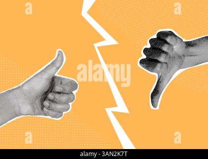 Halbtonabneigung. Realistische Hand mit Daumen nach oben oder unten Vintage Papier Collage abstrakte Poster, soziale Medien wie nicht gerne Geste gut schlecht OK Feedback Konzept Vektor Illustration Original Kunstwerk Stock Vektor
