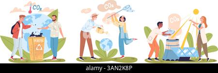 Menschen reduzieren co2. Reduzierung CO2-Emissionen neutraler CO2-Fußabdruck Konzept, sparen Sie ökologische Umwelt Auswirkungen von Treibhausgasverschmutzung, grüne Energie setzen klassische Vektor Illustration Original Kunstwerk Stock Vektor
