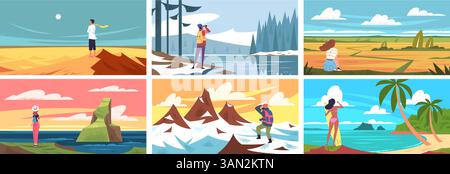 Reisende genießen die Naturlandschaft. Mann Frau genießen Ansichten im Freien Landschaften, Tourist erkunden Berg Reise Abenteuer Reise Wandern Reise Sommer Erholung Klasse Vektor Illustration Original Kunstwerk Stock Vektor
