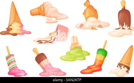 Eiswürfel. Geschmolzenes Eis, verschüttete Creme auf dem Boden Kopf Kopf nach unten Schokolade Eis süße Milch Tropfen Eisbecher Eis Dessert Oops Versagen Konzept, saubere Vektor Illustration Original Kunstwerk Stock Vektor