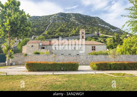 Ston, historische Stadt auf der Halbinsel Peljesac in Kroatien, Europa. Steingebäude mit einem Turm in der Nähe eines Hügels, der mit Bäumen bedeckt ist, und einem Weg, der zum t führt Stockfoto