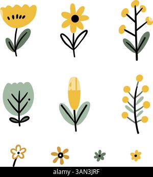 Gelbes Clipart-Set mit Blumenmuster für Baby und Frühling Stock Vektor