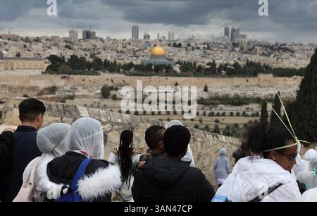 Palmensonntagsprozession, äthiopische christliche Pilger gehen vom Mt. Oliven zum Gedenken an Christi Ritt nach Jerusalem, den Felsendom im Rücken. Stockfoto
