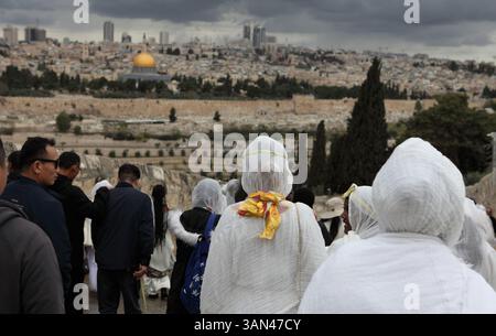 Palmensonntagsprozession, äthiopische christliche Pilger gehen vom Mt. Oliven zum Gedenken an Christi Ritt nach Jerusalem, den Felsendom im Rücken. Stockfoto
