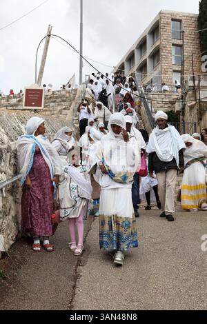Palmensonntagsprozession, äthiopische christliche Pilger, hauptsächlich Frauen und wenige Kinder, laufen vom Mt. Oliven zum Gedenken an Christi Ritt auf einem Hengst nach Jerusalem. Stockfoto
