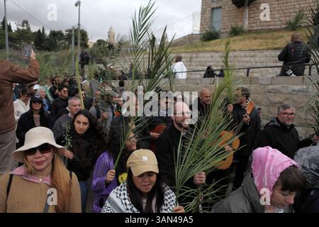 Christliche Pilger in der ganzen Welt singen und beten, während sie auf dem Mt. Oliven in einer Palmensonntagsprozession mit Palmenwedel und Olivenbaumzweigen. Stockfoto