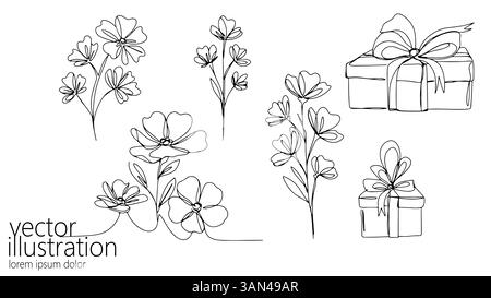 Durchgehende Linie Zeichnung Blumen Geschenke. Geschenke mit Schleifenbändern. Passende Karten Einladungen Verpackungsdesign. Minimalistisches Kunstwerk, schwarz, weiß Stock Vektor