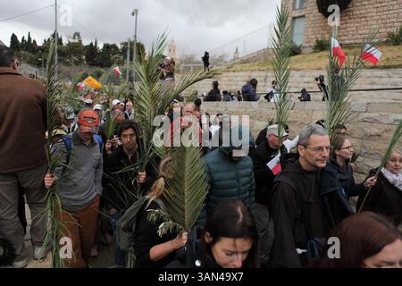 Christliche Pilger in der ganzen Welt singen und beten, während sie auf dem Mt. Oliven in einer Palmensonntagsprozession mit Palmenwedel und Olivenbaumzweigen. Stockfoto