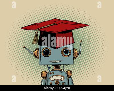 Vermittlung von KI-Wissen. Roboter mit Studentenmütze, Professorenhut. Rotes Diplom und Konkurrenz mit künstlicher Intelligenz. Stock Vektor