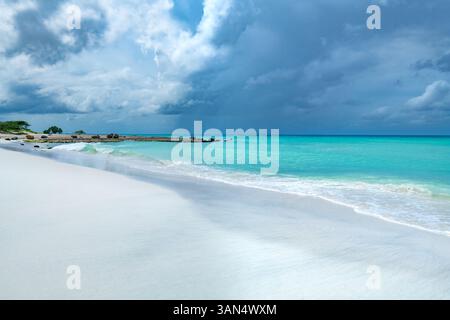 Ein wunderschöner Strand mit türkisfarbenem Wasser und weißem Sand auf Aruba. Stockfoto