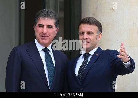 Paris, Frankreich. April 2025. Der Präsident der Republik, Emmanuel Macron, empfing am 14. April 2025 den Präsidenten der autonomen Region Irakisch-Kurdistan, Netchirvan Barzani, zu einem Arbeitsessen im Elysee-Palast. - 14/04/2025 - Frankreich/Ile-de-France (Region)/Paris - Julien Mattia/Le Pictorium Credit: LE PICTORIUM/Alamy Live News Stockfoto