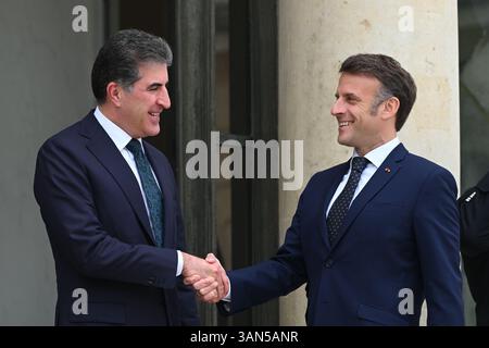 Paris, Frankreich. April 2025. Der Präsident der Republik, Emmanuel Macron, empfing am 14. April 2025 den Präsidenten der autonomen Region Irakisch-Kurdistan, Netchirvan Barzani, zu einem Arbeitsessen im Elysee-Palast. - 14/04/2025 - Frankreich/Ile-de-France (Region)/Paris - Julien Mattia/Le Pictorium Credit: LE PICTORIUM/Alamy Live News Stockfoto