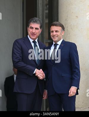 Paris, Frankreich. April 2025. Der Präsident der Republik, Emmanuel Macron, empfing am 14. April 2025 den Präsidenten der autonomen Region Irakisch-Kurdistan, Netchirvan Barzani, zu einem Arbeitsessen im Elysee-Palast. - 14/04/2025 - Frankreich/Ile-de-France (Region)/Paris - Julien Mattia/Le Pictorium Credit: LE PICTORIUM/Alamy Live News Stockfoto