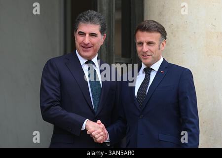 Paris, Frankreich. April 2025. Der Präsident der Republik, Emmanuel Macron, empfing am 14. April 2025 den Präsidenten der autonomen Region Irakisch-Kurdistan, Netchirvan Barzani, zu einem Arbeitsessen im Elysee-Palast. - 14/04/2025 - Frankreich/Ile-de-France (Region)/Paris - Julien Mattia/Le Pictorium Credit: LE PICTORIUM/Alamy Live News Stockfoto