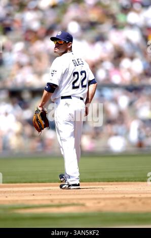 19. April 2007: Marcus Giles von den San Diego Padres in Aktion während des Spiels zwischen den San Diego Padres und den Arizona Diamondbacks im Petco Park in San Diego, Kalifornien (Bild: © John Green/Cal Sport Media) Stockfoto
