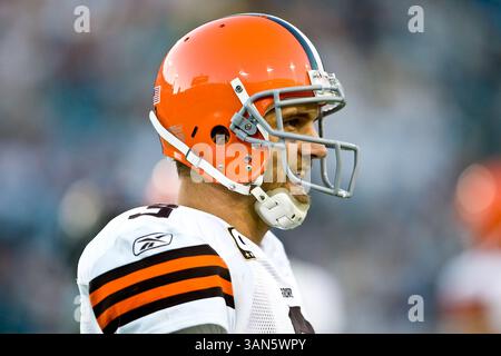26. Oktober 2008: Jacksonville Jaguars vs Cleveland Browns. Derek Anderson (3), Quarterback von Cleveland Browns, ist ein Lächeln, nachdem die Browns die Jaguars im Jacksonville Municipal Stadium besiegt haben. Die Browns besiegten die Jaguars mit 23:17. (Kreditbild: © Cal Sport Media) Stockfoto
