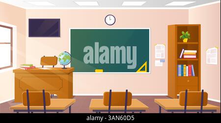 Innenausstattung des Klassenzimmers mit Schreibtischen und Tafel. Vektorabbildung Stock Vektor