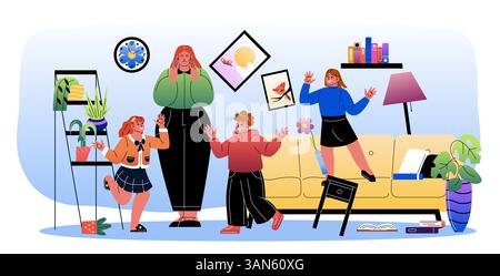 Familienchaos in der unordentlichen Wohnzimmerszene. Vektorabbildung Stock Vektor