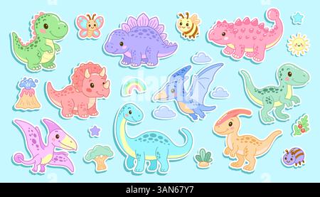 Farbenfroher Dinosaurier-Aufkleber mit niedlichen Kreaturen, Vulkanen und Wolken auf blauem Hintergrund Stock Vektor