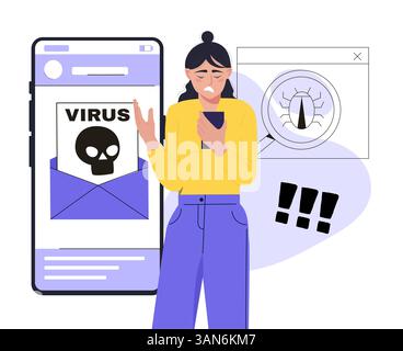Frau schockiert durch Telefon-Virus-Alarm. Vektorabbildung Stock Vektor