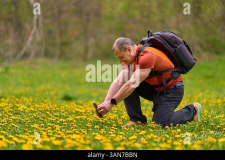 Mann hockt auf einer blühenden Löwenzahnwiese und macht ein Nahfoto mit seinem Smartphone Stockfoto