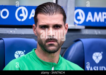 Ivan Cuellar „Pichu“ von RCD Mallorca sieht beim LaLiga EA Sports Match zwischen Real Sociedad und RCD Mallorca in der reale Arena am 12. April zu. Stockfoto