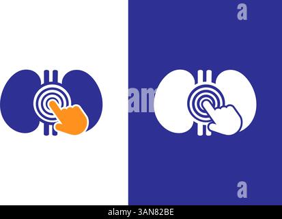Kombination aus Nieren und Hand-Cursor-Logo. Design-Vorlage für den Logotyp der menschlichen Nierenanatomie. Stock Vektor