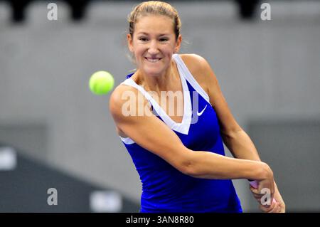 17. Oktober 2008: Victoria Azarenka (BLR) kämpft im Viertelfinalspiel bei den Zurich Open in Zürich gegen Anabel Medina Garrigues (ESP). Garrigues gewann das Spiel, nachdem Azarenka ihre Schulter im 3. Satz vertieft hatte. John C Middlebrook/CSM (Bild: © Cal Sport Media/ZUMA Press) Stockfoto