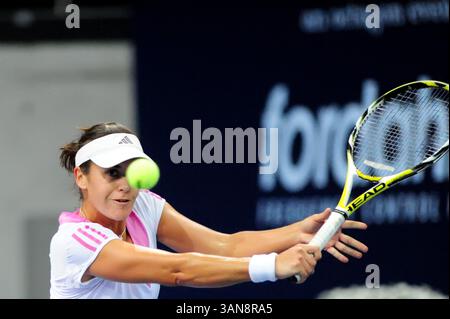 17. Oktober 2008: Anabel Medina Garrigues (ESP) kämpft im Viertelfinalspiel bei den Zurich Open in Zürich gegen Victoria Azarenka (BLR). Garrigues gewann das Spiel, nachdem Azarenka ihre Schulter im 3. Satz vertieft hatte. John C Middlebrook/CSM (Bild: © Cal Sport Media/ZUMA Press) Stockfoto