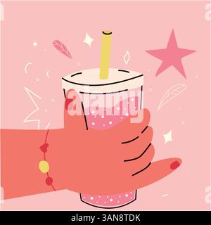 Die Hand hält eine pinkfarbene Wasserblase-Teetasse mit einem lustigen Strohhalm und einer farbenfrohen flachen Illustration, ideal für Getränke, Sommer- oder Lifestyle-Themen Stock Vektor