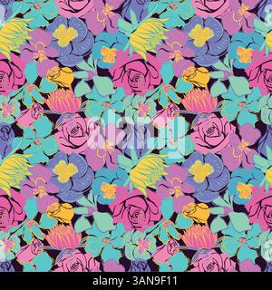 Rose, Iris, Dhalia, Stiefmütterchen Blumen Vektormuster, stilisierte nahtlose abstrakte Blumen. Handgezeichneter Vektor. Elegante farbenfrohe Pastelltöne auf Weinhintergrund Stock Vektor