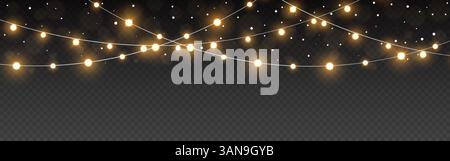 Weihnachtsbeleuchtung mit warmen Glühbirnen. Goldene Zaubergirlande mit Bokeh-Effekt. Hellgelbe Schnur. Festliche Dekoration mit fallendem Schnee zur Einladung Stock Vektor