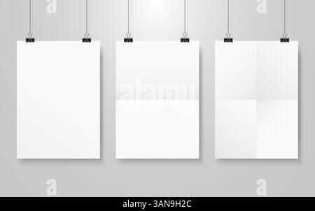 Poster-Modell-Set. Poster aus drei zerknittertem Papier. Weißes A4 hängt an einer grauen Wand. Saubere weiße Vorlagen mit weichem Schatten. Vertikale Flyer mit Papercli Stock Vektor