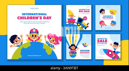 Happy International Children's Day Illustration mit flachem Cartoon Design für Social Media Post Stock Vektor