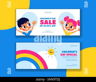 Hintergrund der Zeichentrickvorlage für die horizontale Banner-Illustration des Internationalen Kindertags Stock Vektor