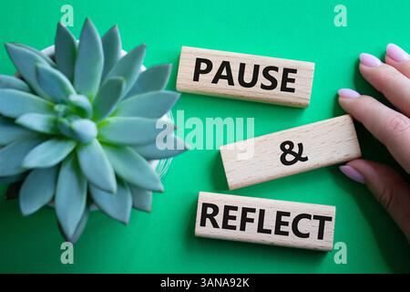 Symbol Pause und Reflexion. Konzeptwörter Pause und Reflexion auf Holzblöcken. Schöner grüner Hintergrund mit saftiger Pflanze. Geschäftsmann Hand. Geschäftsleute Stockfoto