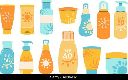 Set aus bunten Sonnenschutzflaschen und -Lotionen mit LSF-Etiketten. Ideal für Sommer-, Strand- oder Hautpflegeprojekte Stock Vektor
