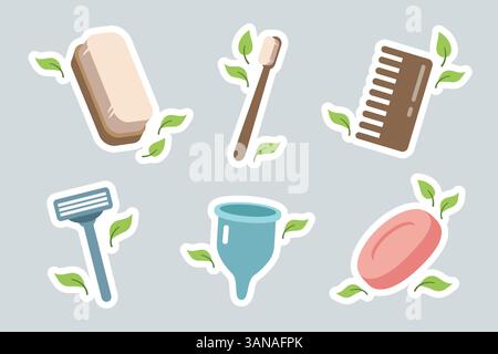 Aufkleber ohne Abfall. Set mit ökologischen Körperpflegeprodukten – Zahnbürste aus Holz, Kamm, Bürste, Menstruationsbecher, feste Seife, Rasierer. Vektorillustration im Cartoon-Stil Stock Vektor