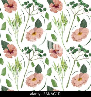 Nahtloses Blumenmuster mit rosa Aquarellblumen, grünen Blättern, Zweigen und Gras. Handgezeichnete digitale Illustration mit weichen Texturen. Perfekt für Stockfoto