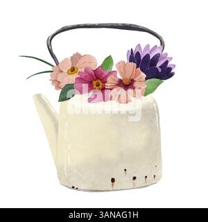 Vintage-Teekanne mit rosa und lila Blumen, grünen Blättern und Laub. Handgezeichnete digitale Illustration mit Aquarell. Perfekt für rustikales Dekor, florales Dekor Stockfoto