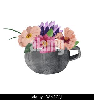 Vintage-Teetasse mit rosa und lila Blumen, grünen Blättern und Laub. Handgezeichnete digitale Illustration mit Aquarell. Perfekt für rustikales Dekor, florales Dekor Stockfoto