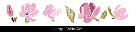 Set von handgezeichneten rosa Magnolienblüten und -Blättern Stock Vektor