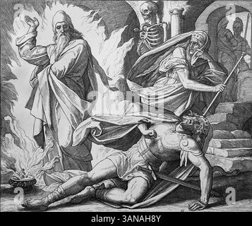 Altes Testament. Saul, Samuel bei der Hexe von Endor. Das erste Buch Samuel. Illustration von J. Schnorr von Carolsfeld. "Die Bilderbibel", 1852-60. Stockfoto