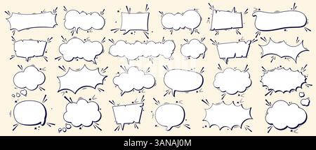 Große Sammlung leerer schwarz-weißer Comic-Sprechblasen und winziger dunkler Details. Stock Vektor