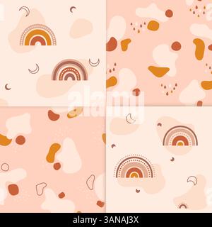 Set aus vier Bohème-Farben mit minimalistischen, nahtlosen Kindermustern. Es enthält farbige Flecken, Regenbögen, Zweige, süße Wolken mit farbigen Regentropfen. Auch Punkte und Linien unterschiedlicher Formen. Stock Vektor