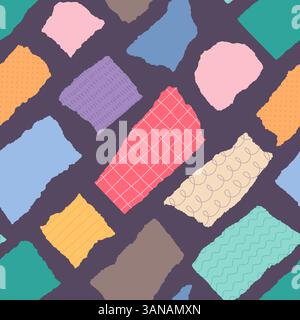Gerissene Papierstücke nahtloses Muster. Farbig geschnittene Fragmente, zufällige Formen von Fetzen, wiederholte Collageelemente, niedliches Textil, Geschenkpapier, Tapeten Stock Vektor