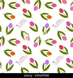 Festliches nahtloses Muster mit 3D-Elementen mit bunten Frühlingsblumen - Tulpen - mit Happy Easter-Inschrift auf weißem Hintergrund. Perfekt für Stock Vektor
