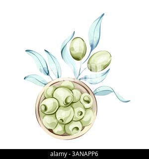 Erkunden Sie die Schönheit von Oliven und Olivenöl in einer Aquarellillustration, die von der italienischen Küche und der Natur inspiriert ist Stock Vektor